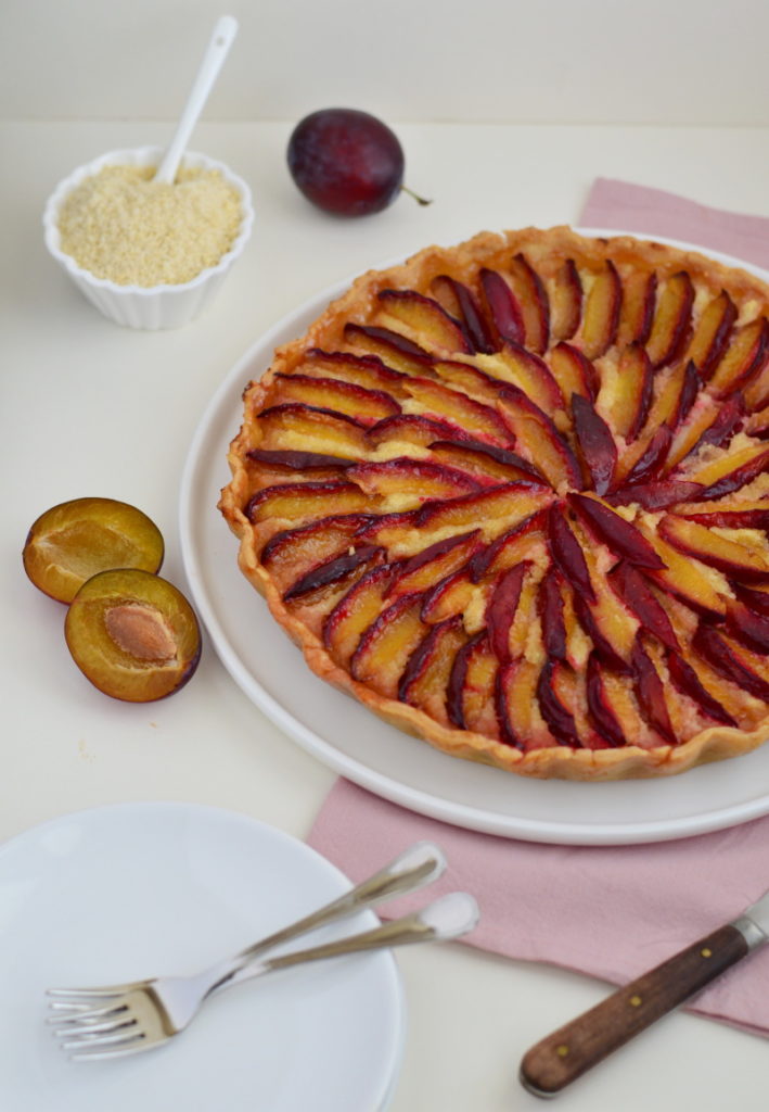 Plum Tart with Almond Filling is a yummy tart with frangipane alias mixture of ground almonds, butter and sugar, covered with slices of plums.