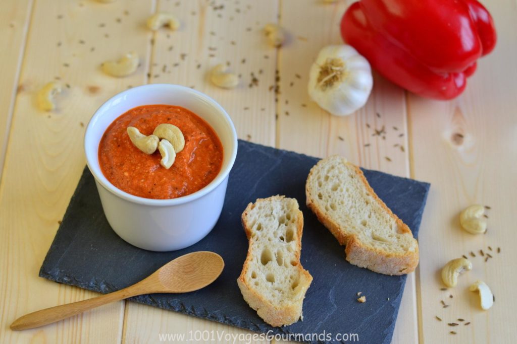 Yummy red pepper & nut tapenade made from grilled red peppers and a mixture of cashews and peanuts. Can be used also as a dip or sauce for pasta or fish!