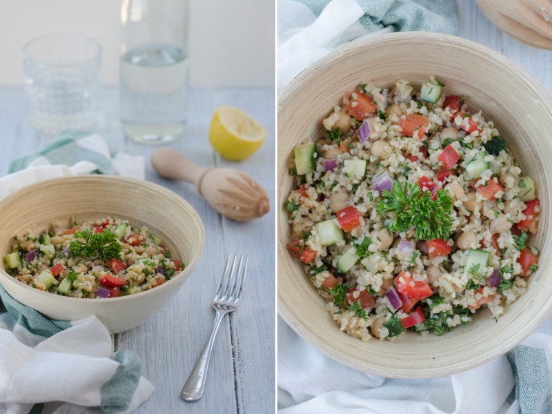 Light bulgur salad with cucumber, red pepper, chickpeas, and onion, seasoned with olive oil, garlic, lemon juice, and herbs is a fresh summer meal.
