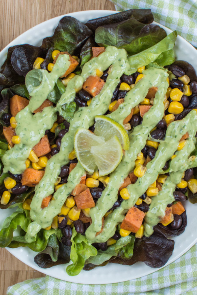 Roasted Sweet Potato, Black Bean and Corn Salad with Avocado Yoghurt Dressing is a very tasty and healthy salad. You will love it!