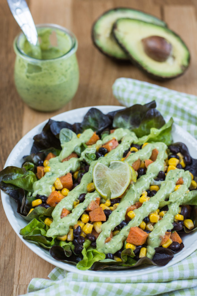 Roasted Sweet Potato, Black Bean and Corn Salad with Avocado Yoghurt Dressing is a very tasty and healthy salad. You will love it!