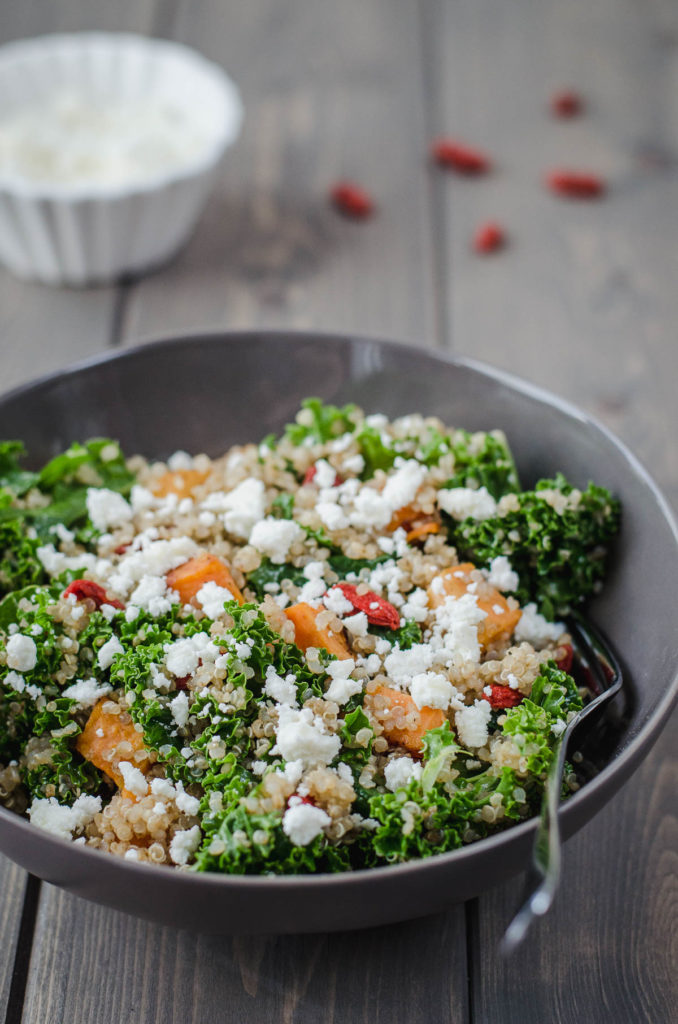 Kale, Quinoa & Sweet Potato Salad with Goji, Goat Cheese and Orange Dressing is a great example of a tasty and healthy vegetarian meal.