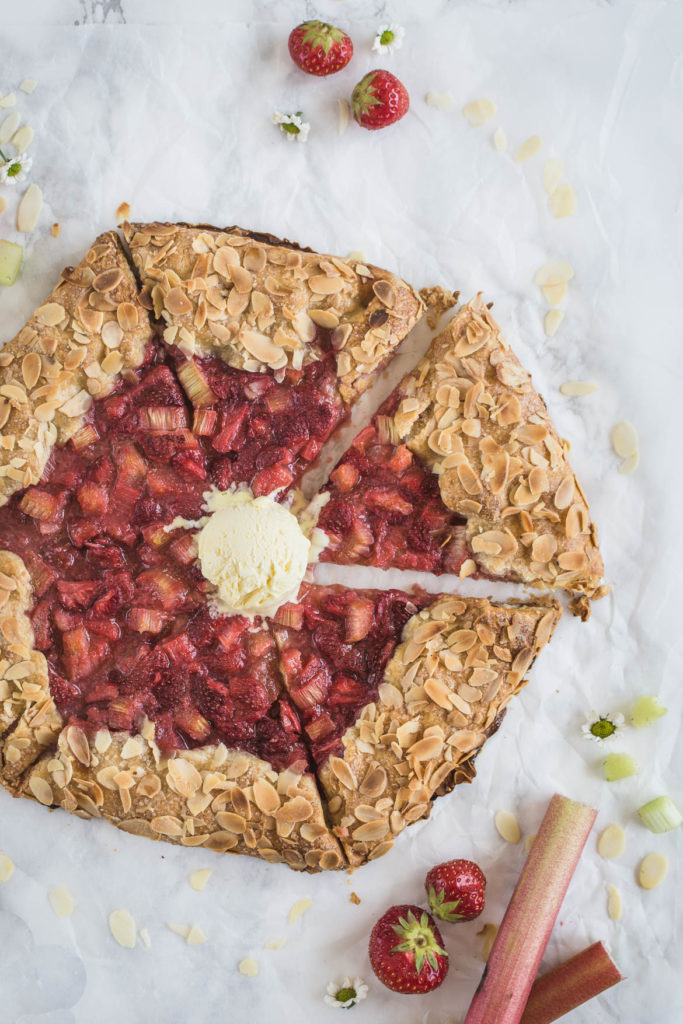 Rustic Strawberry & Rhubarb Almond Galette is a perfect, elegant yet easy to make summer dessert, especially when served with vanilla ice cream!