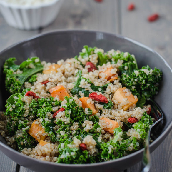 Kale, Quinoa & Sweet Potato Salad with Goji, Goat Cheese and Orange Dressing is a great example of a tasty and healthy vegetarian meal.